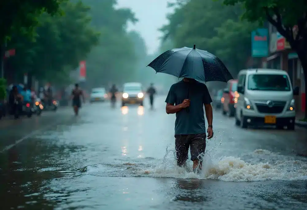 Impactos das chuvas nas ruas Homem caminhando por rua alagada segurando um guarda-chuva sob forte chuva.