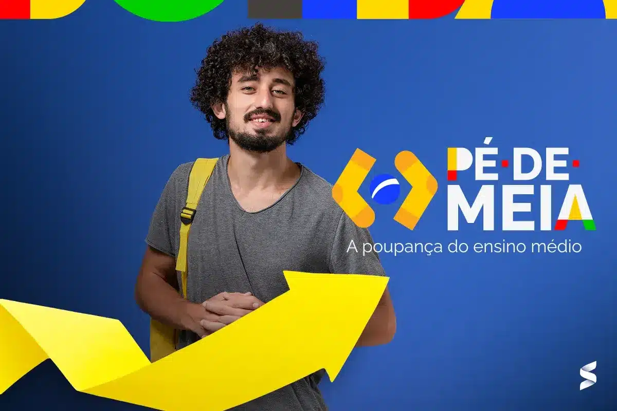 Jovem com mochila amarela ao lado do logotipo do programa Pé-de-Meia, com uma seta amarela apontando para cima.