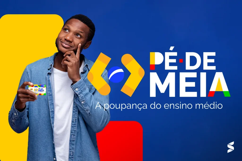 Confirmação do pagamento do Pé-de-Meia. Jovem segurando um cartão do programa Pé-de-Meia, com um fundo azul e elementos gráficos coloridos.