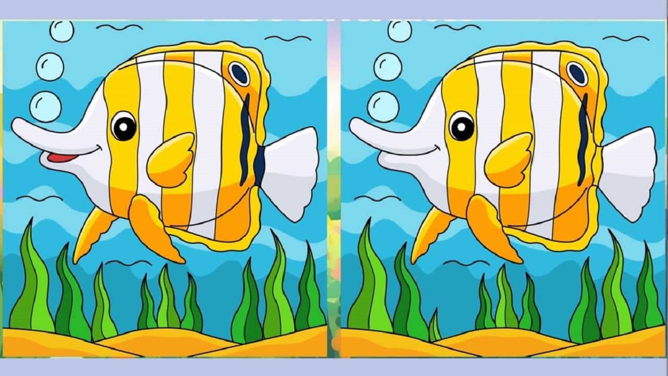 Teste de QI com Ilustração de dois peixes coloridos lado a lado com diferenças sutis para um jogo de encontrar as diferenças.