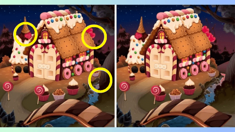 Teste Sua Atenção: Encontre as Diferenças na Casa de Doces Teste de QI: com duas imagens de uma casa de doces encantadora, apresentando diferenças sutis entre elas