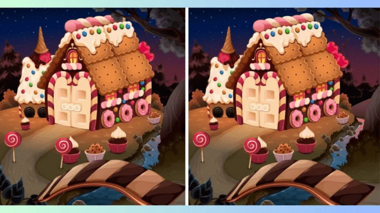 Teste Sua Atenção: Encontre as Diferenças na Casa de Doces Teste de QI com duas imagens de uma casa de doces encantadora, apresentando diferenças sutis entre elas