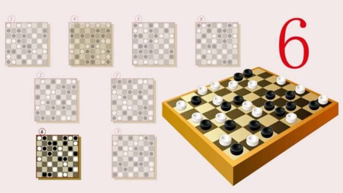 Teste de QI com tabuleiro de damas. Jogo de damas com tabuleiro 3D e opções numeradas para resolver um teste de QI. Solução!