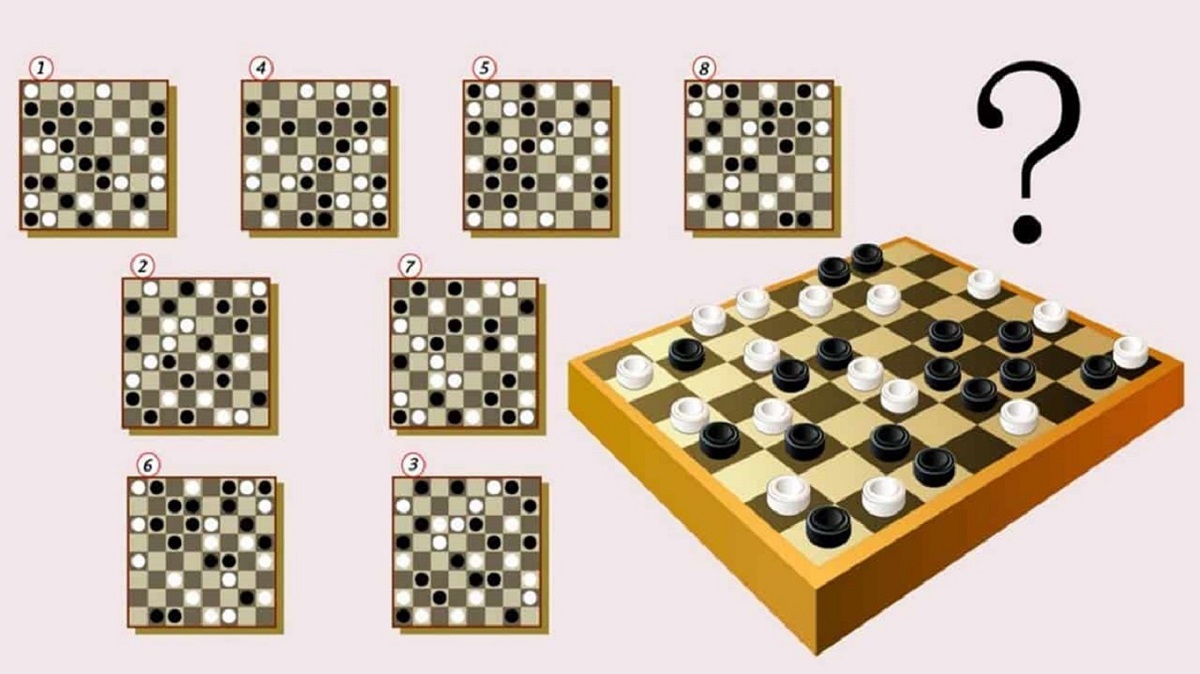 Teste de raciocínio lógico com tabuleiro de damas. Jogo de damas com tabuleiro 3D e opções numeradas para resolver um teste de QI.