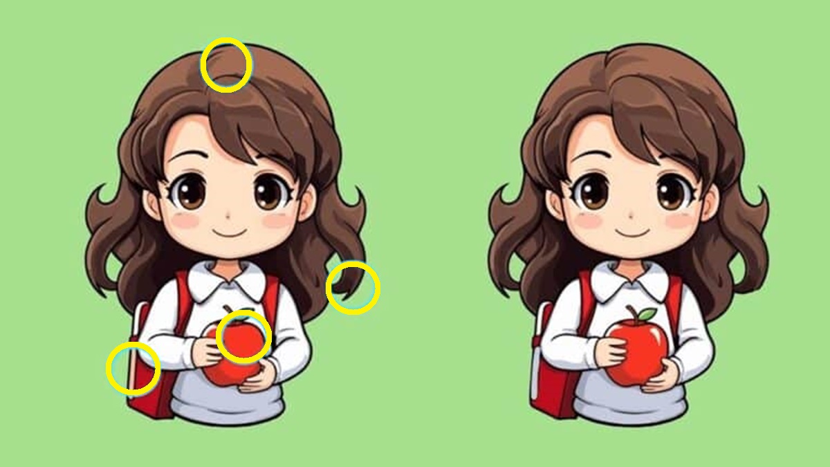 Desafio de Encontrar as Diferenças – Ilustração de Menina com Maçã Ilustração de duas meninas segurando uma maçã, com pequenas diferenças entre as imagens.