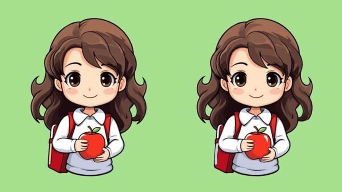 Desafio de Encontrar as Diferenças – Ilustração de Menina com Maçã Ilustração de duas meninas segurando uma maçã, com pequenas diferenças entre as imagens.