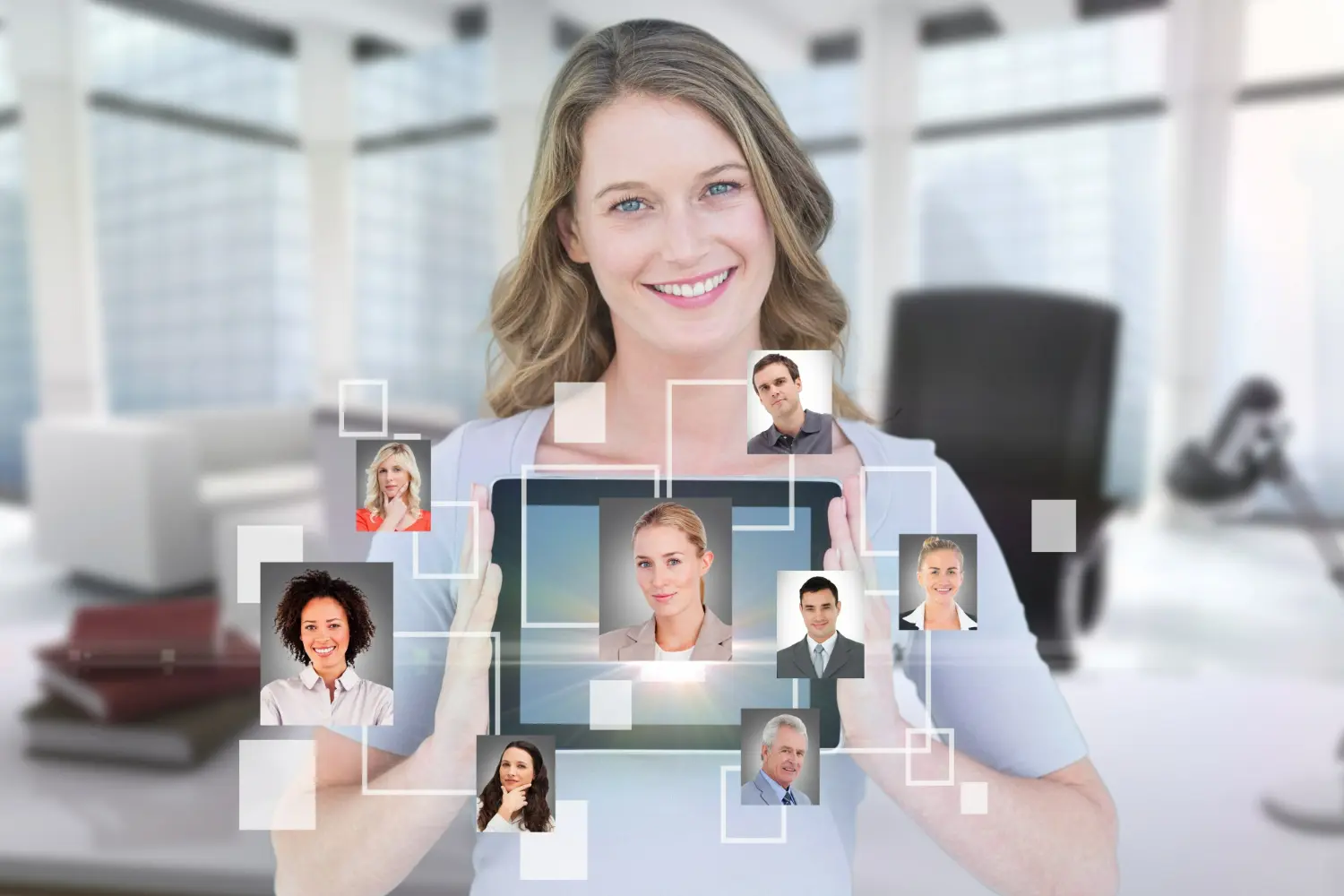 Profissional feminina sorrindo enquanto segura um tablet com imagens de várias pessoas, simbolizando as carreiras mais bem remuneradas em Portugal.
