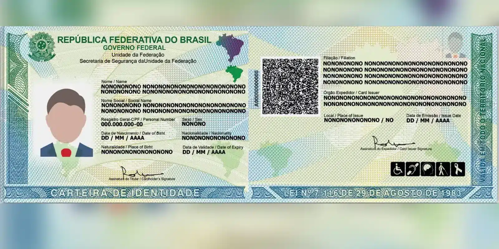 Imagem da nova Carteira de Identidade Nacional (CIN), destacando os dados do documento, foto do titular, QR code e símbolos de acessibilidade.