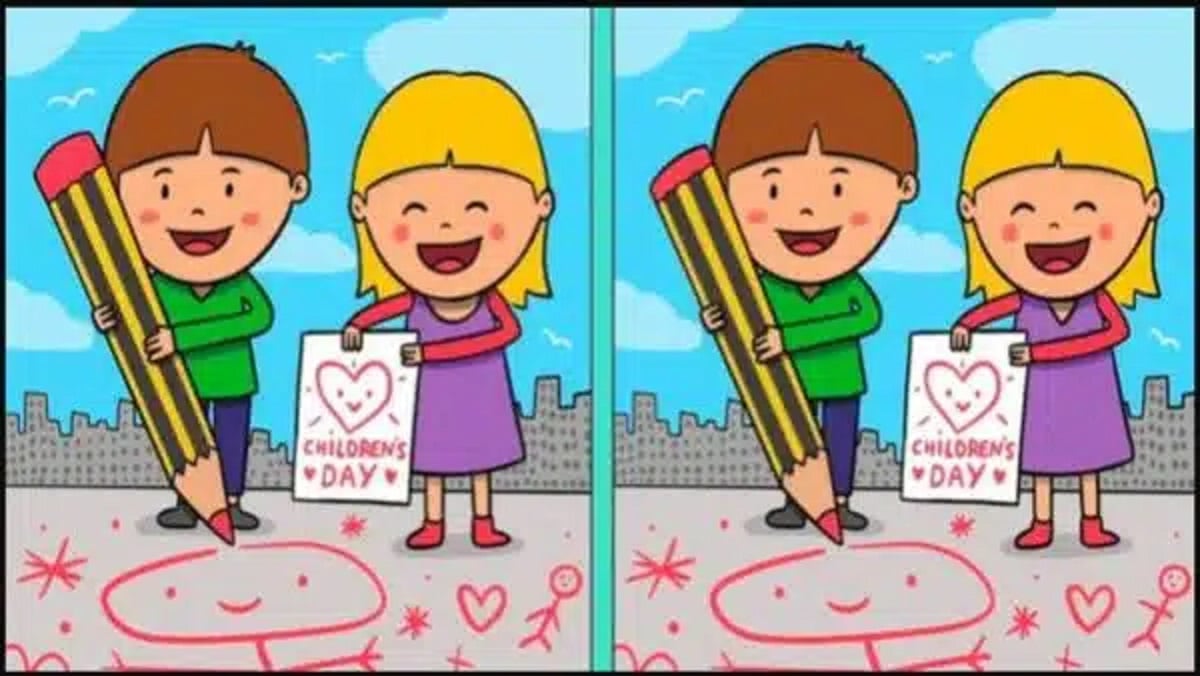 Desafio visual: encontre as diferenças entre duas imagens de crianças desenhando no chão.