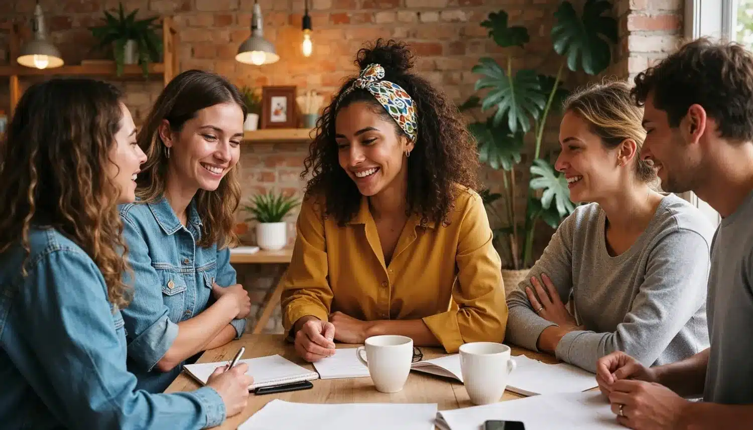 Grupo de pessoas sorrindo e interagindo em uma conversa, simbolizando a troca de ideias inteligentes.