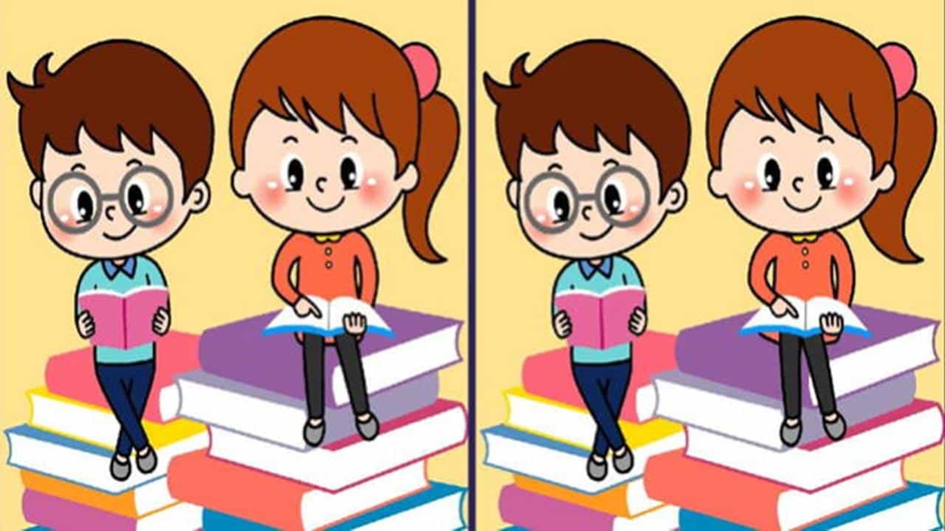 Teste de QI de encontrar diferenças entre duas imagens de crianças lendo sobre pilhas de livros.
