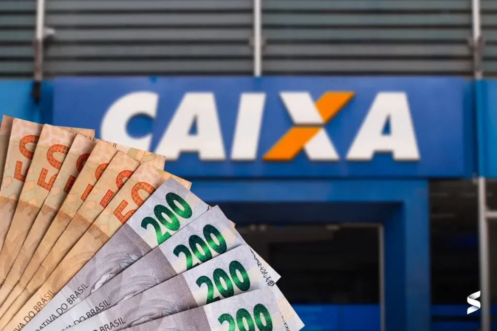 Opções de Pagamento do PIS 2025 – Caixa Econômica Federal Notas de 50 e 200 reais em frente a uma agência da Caixa Econômica Federal
