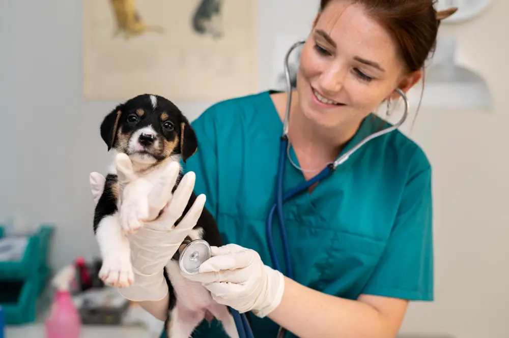 Profissional de Medicina Veterinária atendendo filhote. Veterinária examinando um filhote de cachorro, representando a profissão de medicina veterinária, uma das mais bem remuneradas.