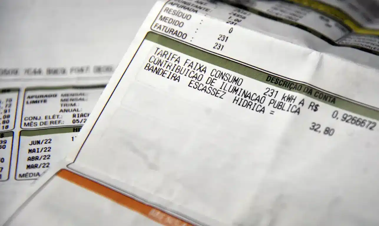Detalhe de uma conta de luz com informações de consumo e tarifas.