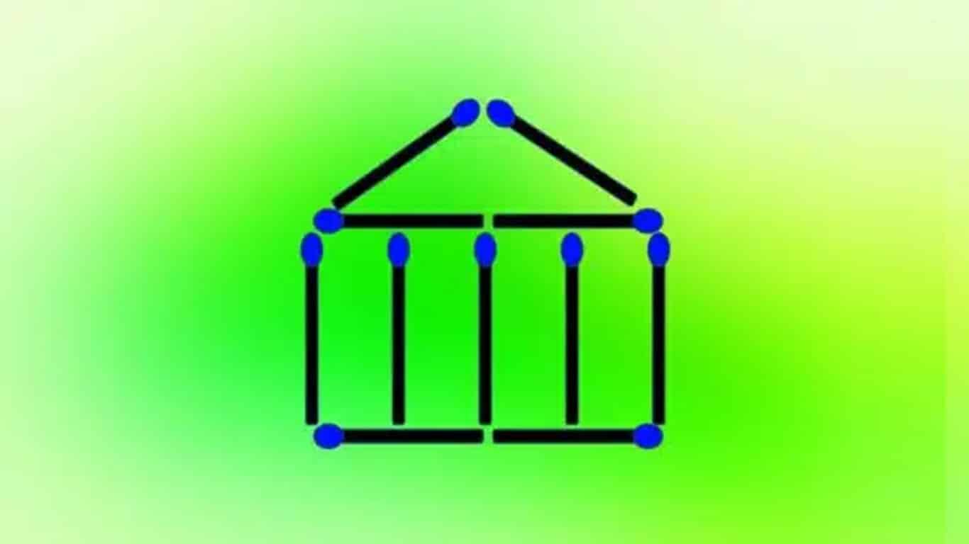 Desafio lógico de um desenho feito com palitos de fósforo formando a silhueta de uma casa com colunas, sobre fundo verde degradê.