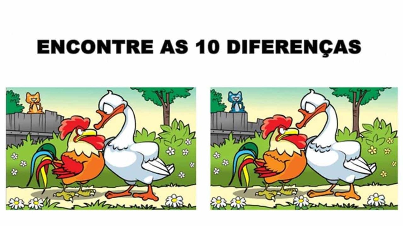 Raciocínio lógico de um jogo dos dez erros com um galo e um pato, desafiando o observador a encontrar as 10 diferenças.