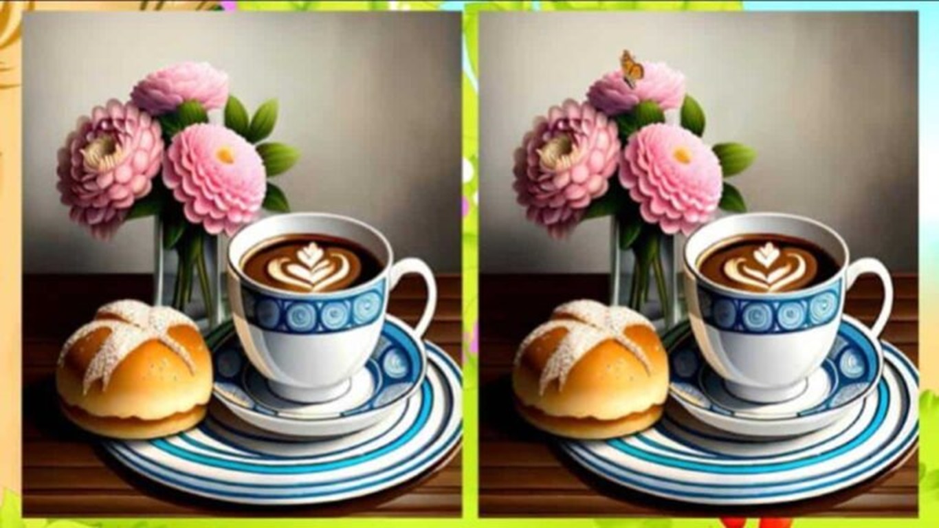 Raciocínio lógico com imagem de um café com flores e um pãozinho, com pequenas diferenças para encontrar entre as duas versões.