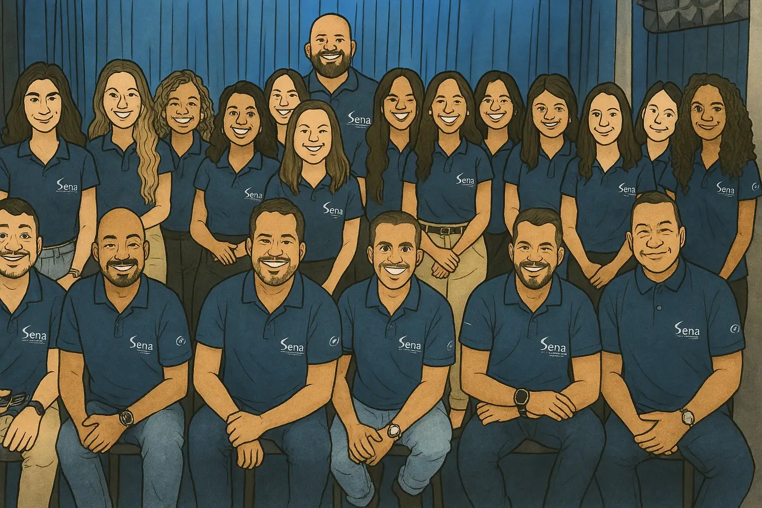 Ilustração de um grupo de profissionais sorridentes vestindo camisetas polo azul-marinho, posando para uma foto de equipe.