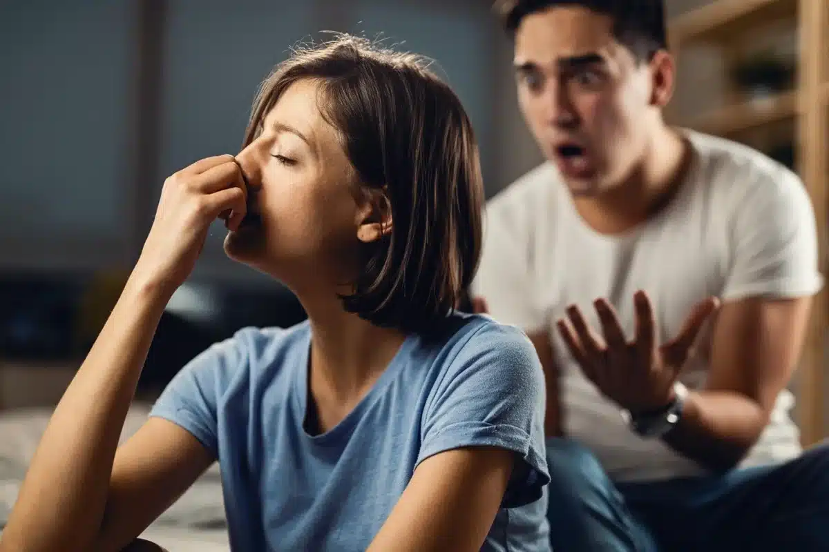 Frase Tóxica: 'Você é Louco(a) Mulher angustiada enquanto um homem a acusa de forma agressiva.
