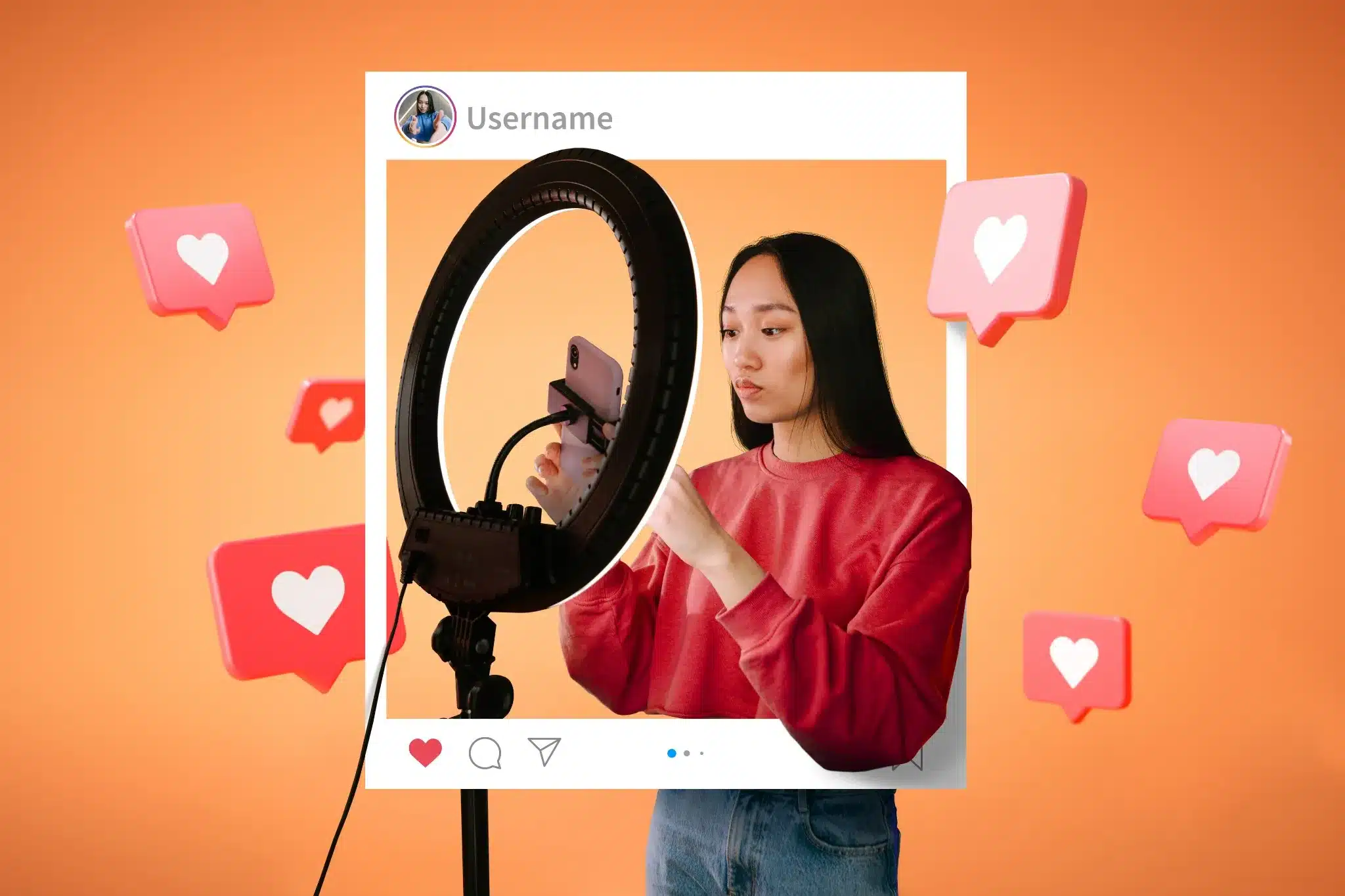 Narcisismo Jovem influenciadora preparando gravação com anel de luz e smartphone, simbolizando a busca por validação nas redes sociais.
