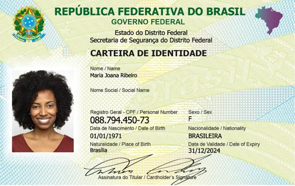 Nova Carteira de Identidade: Exemplo do Documento Exemplo da Nova Carteira de Identidade, com dados pessoais e informações do documento.