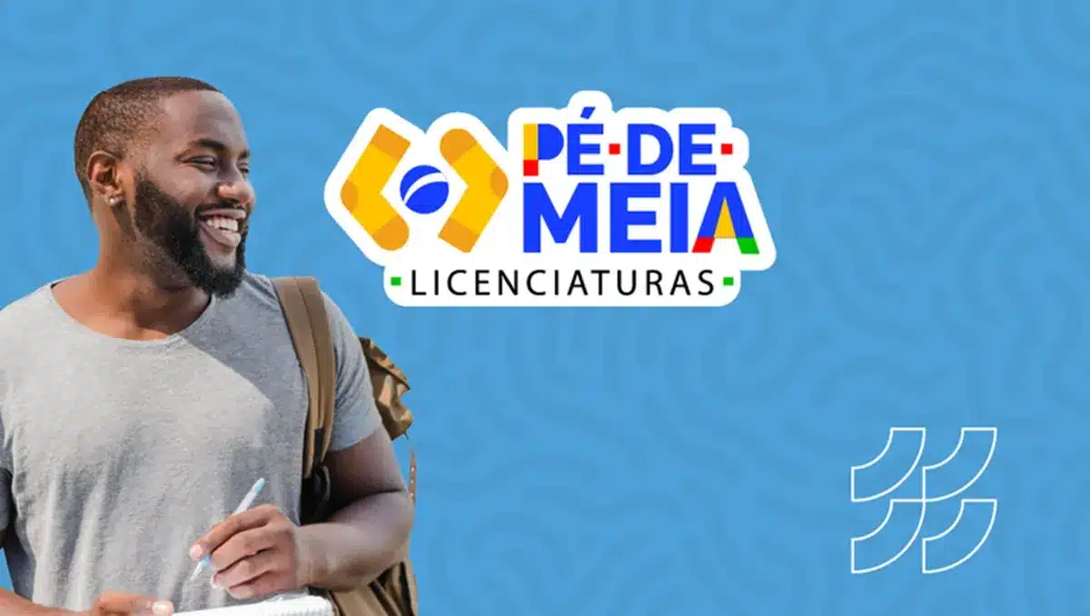 Pé-de-Meia Licenciaturas: Incentivo financeiro para cursos superiores Imagem do programa Pé-de-Meia Licenciaturas, com logo e pessoa sorrindo com caderno.