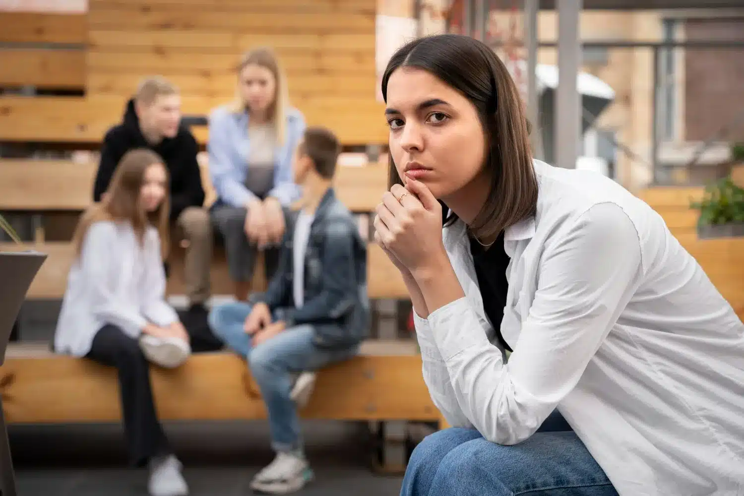 Postura inadequada e o impacto na percepção de confiança Mulher sentada sozinha, com expressão séria e postura corporal tensa, observando um grupo de pessoas ao fundo.