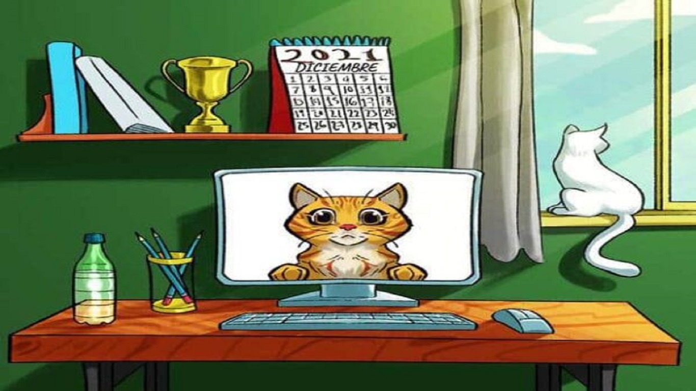 Desafio lógico de um escritório com um computador exibindo a imagem de um gato laranja e um gato branco sentado na janela.