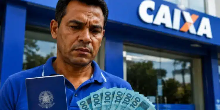 Trabalhador segurando carteira de trabalho e cédulas de reais em frente a uma agência da Caixa, representando a solicitação do Saque Calamidade do FGTS até 22 de julho.