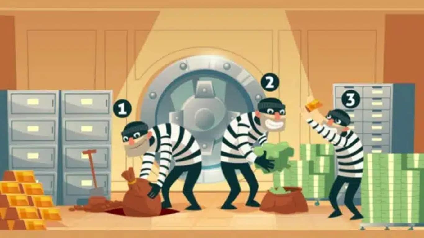 Teste de QI com três ladrões roubando um cofre, com o número 3 segurando um lingote de ouro próximo a uma pilha de dinheiro.