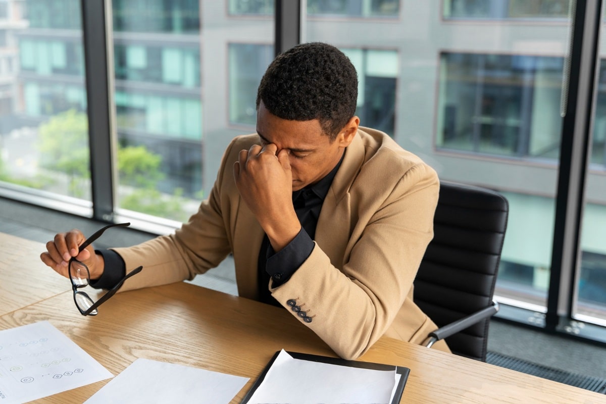 Homem exausto sentado em escritório, com expressão de estresse, representando impacto emocional no ambiente de trabalho.