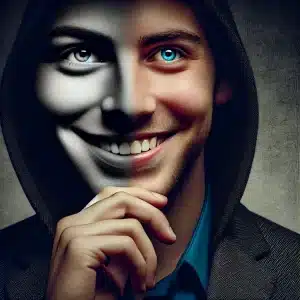 Sinais de Más Intenções – Reconhecendo o que Está Por Trás do Sorriso Pessoa com sorriso encantador, mas com aura de desconfiança, refletindo sinais sutis de más intenções.