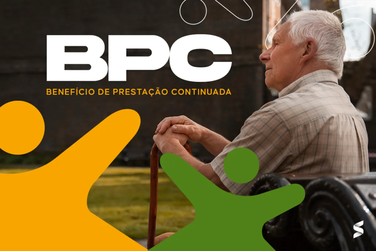 Benefícios do INSS que não têm direito ao 13º salário Idoso sentado com bengala ao lado do texto BPC Benefício de Prestação Continuada