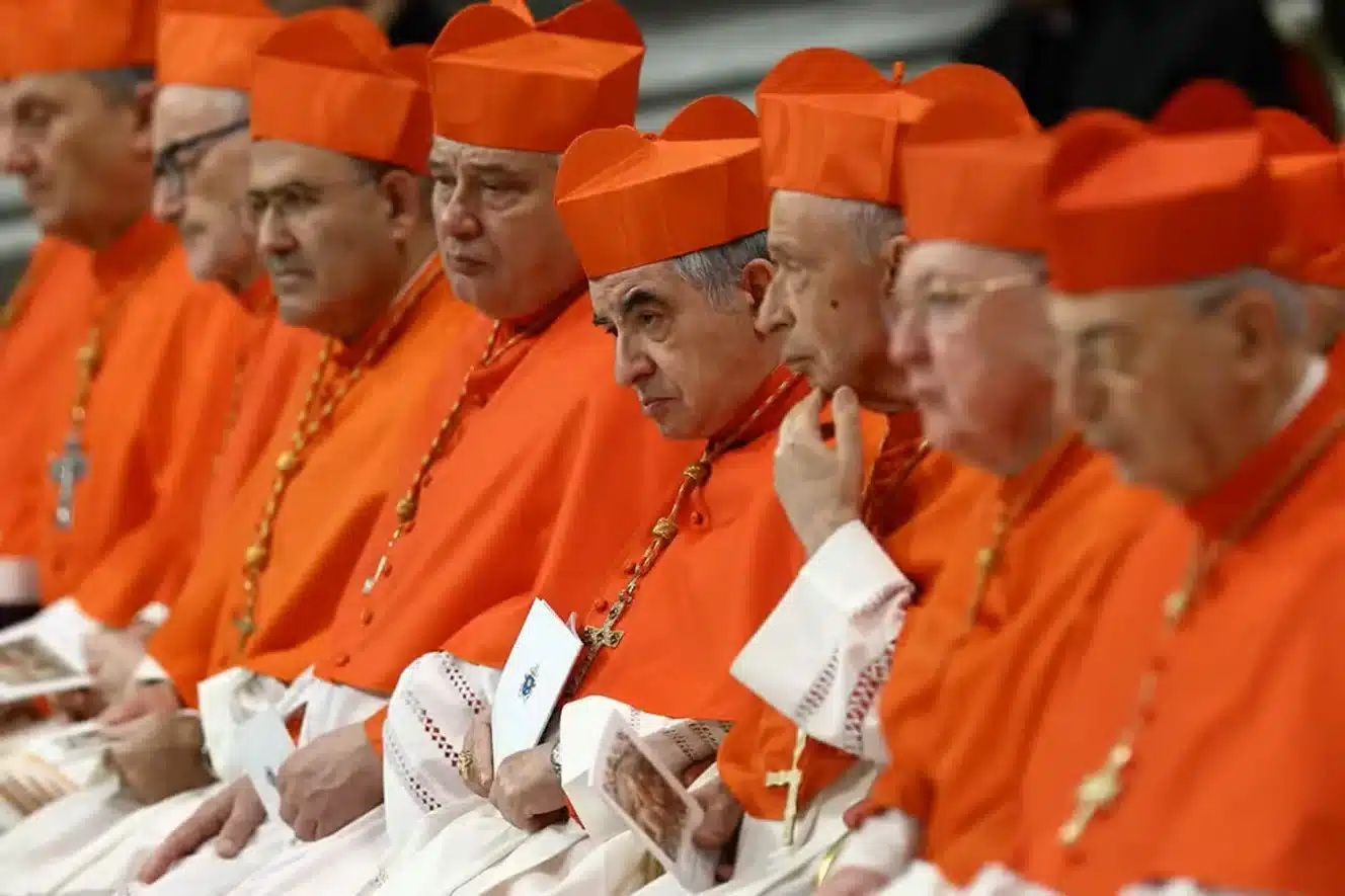 "Grupo de cardeais católicos em cerimônia, com vestimenta tradicional laranja e roupas litúrgicas.