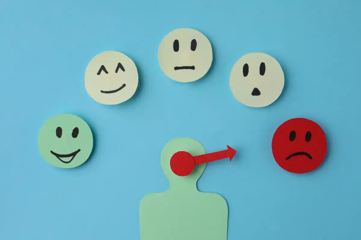 Gerenciamento das emoções Ícones representando diferentes emoções, com foco no termômetro de emoção.