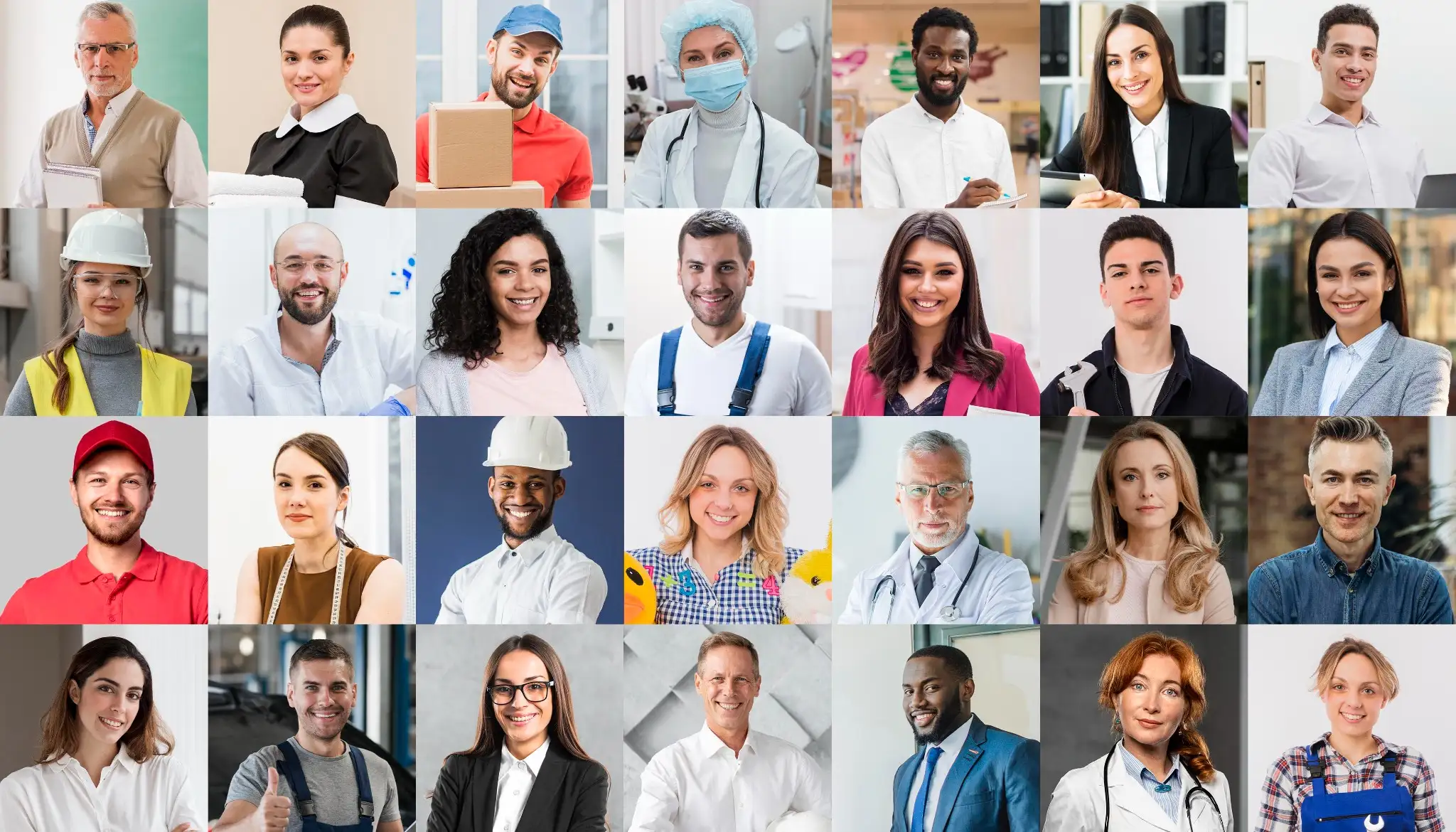 Colagem de profissionais de diversas áreas, incluindo médicos, engenheiros, trabalhadores da construção e executivos.
