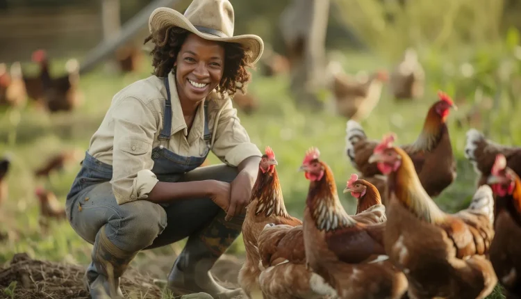 Mulher cuida de galinhas em ambiente natural Criadora de galinhas sorridente interagindo com bando em área rural
