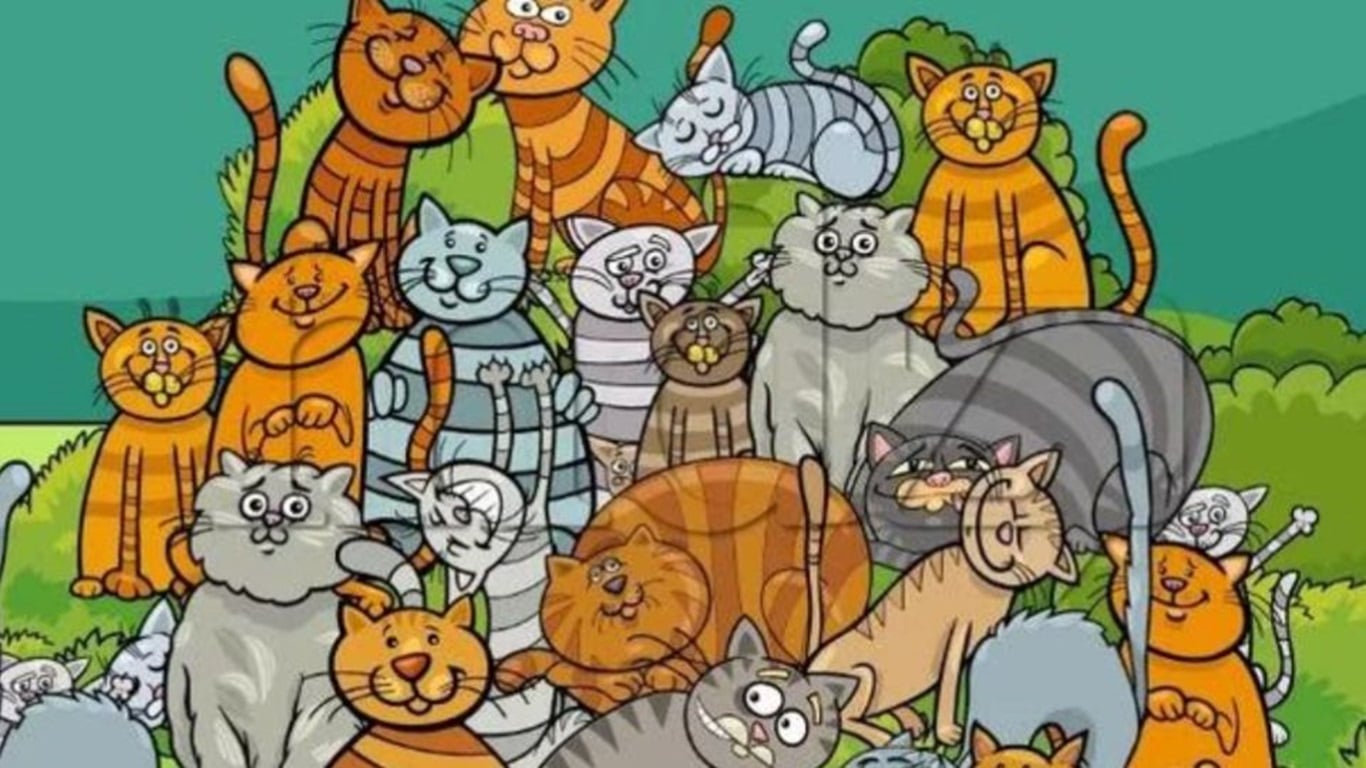 Imagem com vários gatos desenhados em estilo cartum agrupados ao ar livre, com um cachorro escondido entre eles como parte de um desafio lógico.