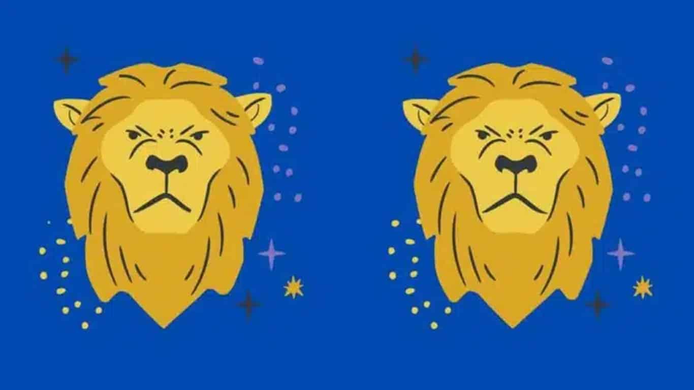 Imagem de dois leões desenhados com linhas simples e fundo azul, parte de um desafio visual para encontrar as cinco diferenças.