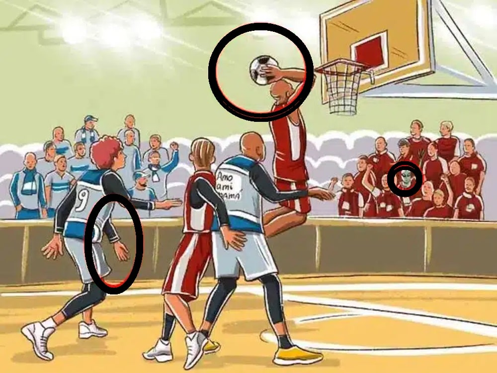 Solução para o desafio visual com uma ilustração de um jogo de basquete com jogadores em ação e torcida no fundo. Um jogador está prestes a fazer uma cesta enquanto outros tentam impedir