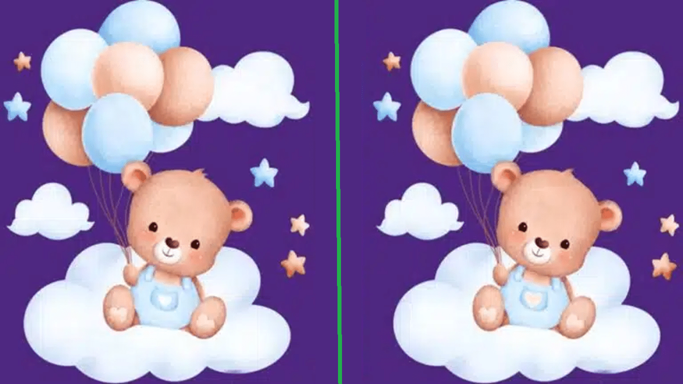 Desafio visual imagem mostrando dois ursinhos com balões, com cinco diferenças para encontrar entre as imagens