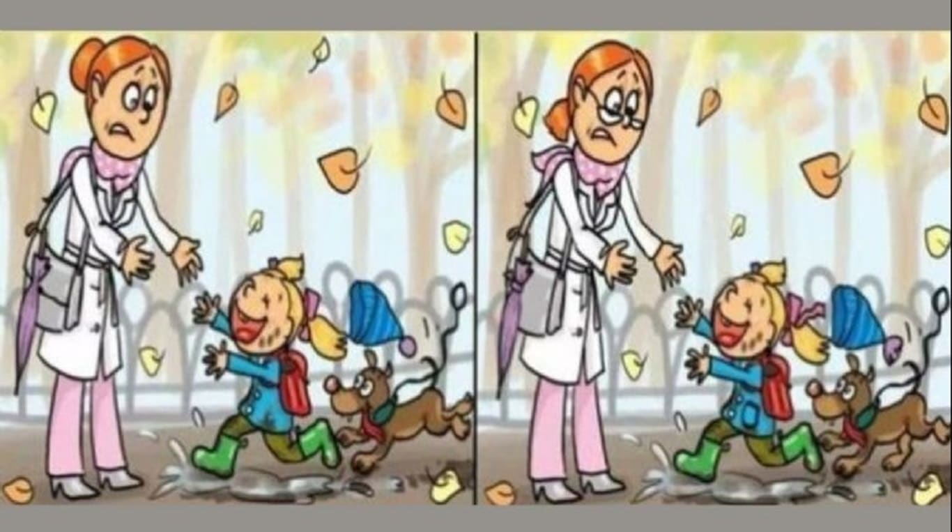 Desafio visual com uma cena duplicada de mãe, filha e cachorro em um parque com diferenças visuais entre os dois lados