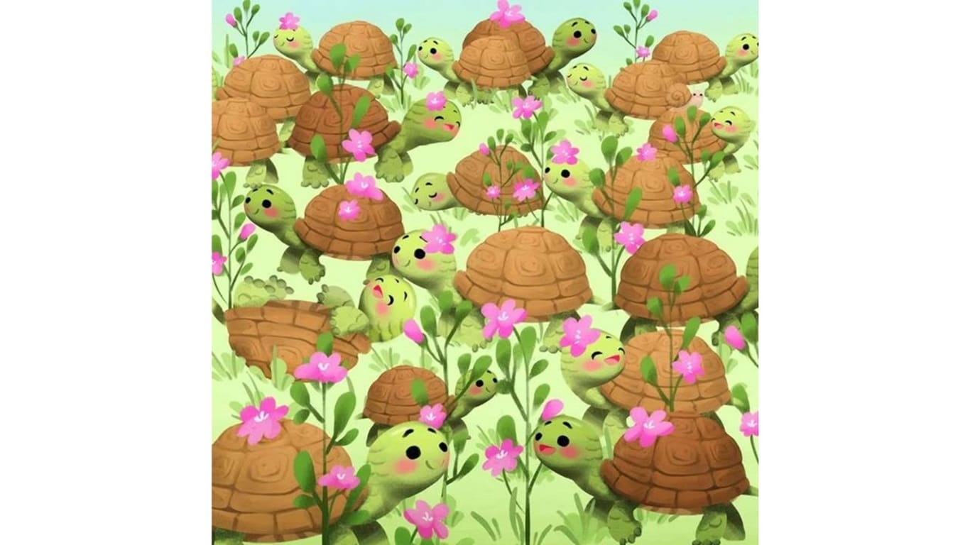 Desafio visual com várias tartarugas entre flores, com um caracol escondido.
