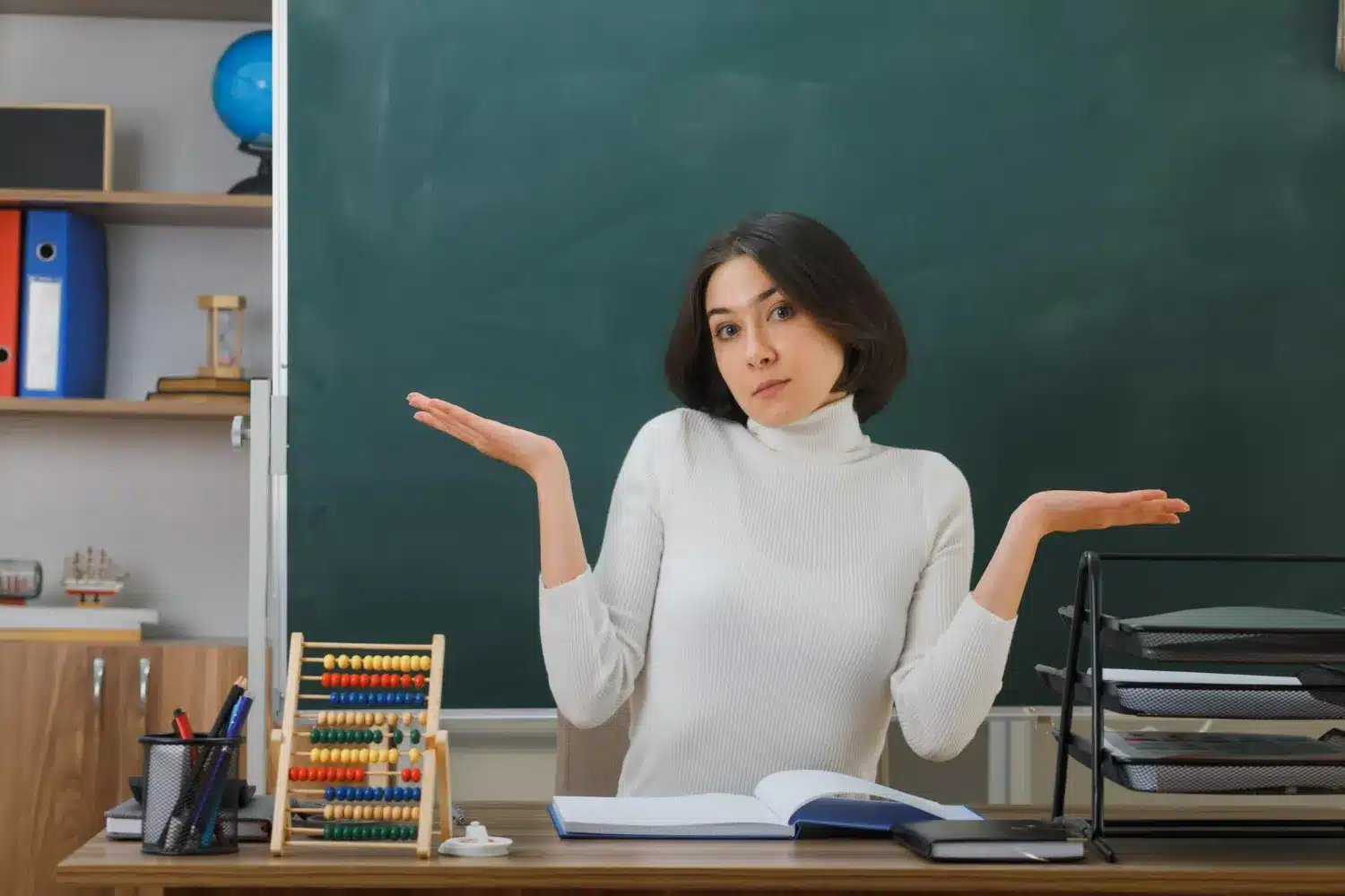 Professora em sala de aula, com expressão de dúvida, ilustrando uma situação de indecisão sobre a gramática.