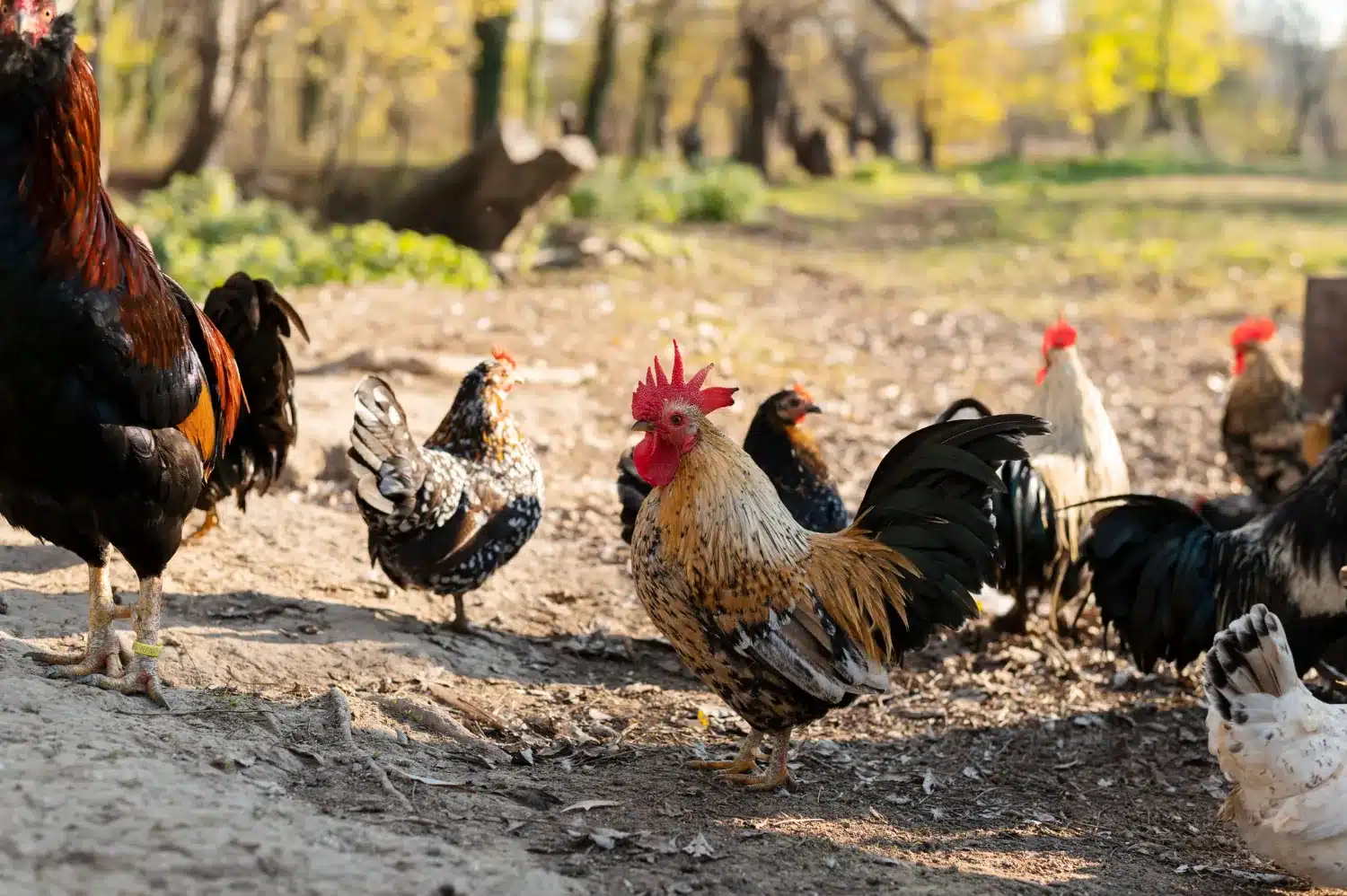 Grupo de galinhas e galos ciscando ao ar livre em uma área rural