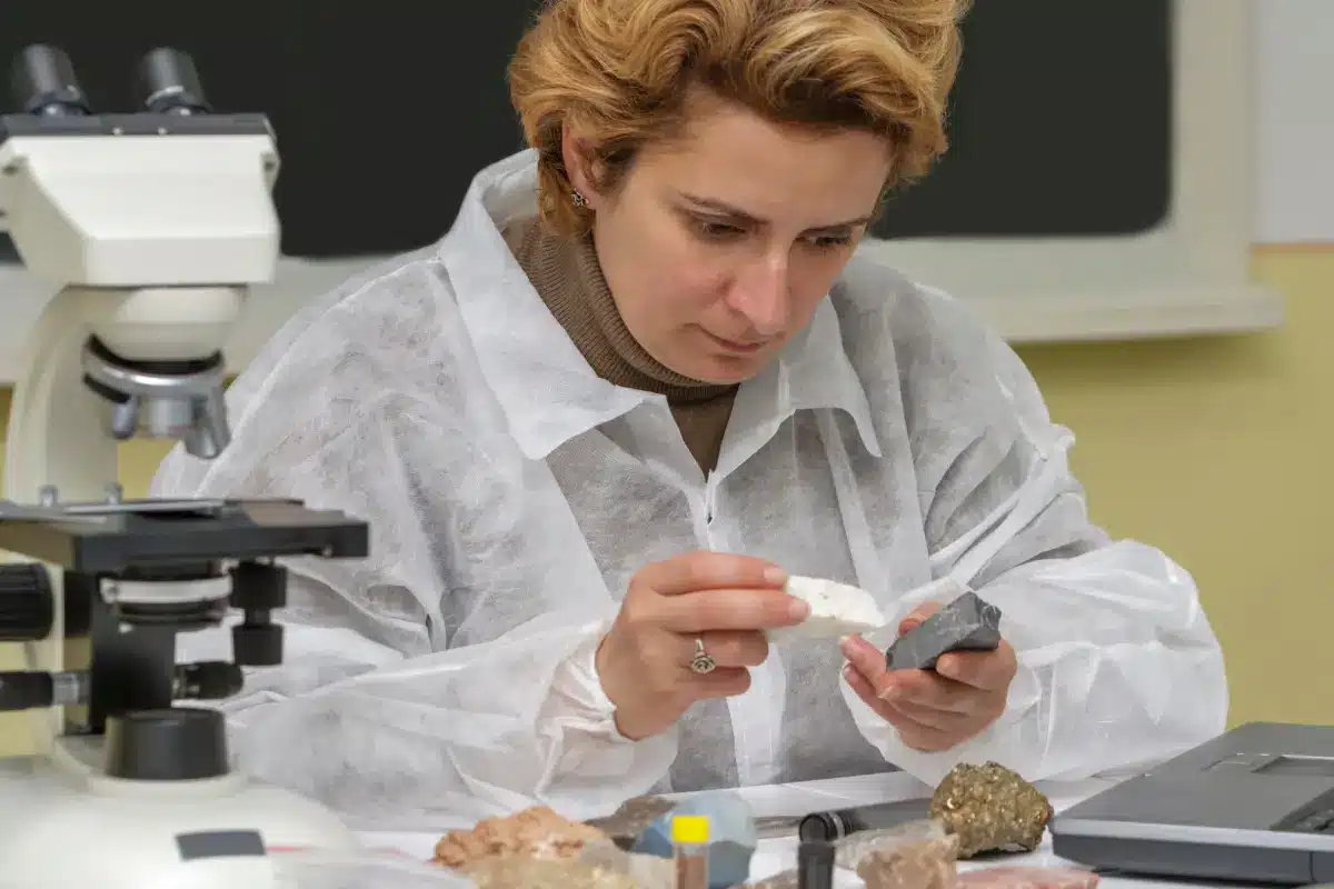 Análise de Minerais por Geóloga em Laboratório Geóloga analisando amostras de minerais em laboratório com microscópio.