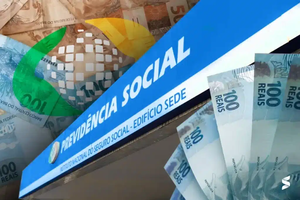 inss antecipacao pagamentos compressed v () Fachada do INSS com notas de 100 reais ao fundo, simbolizando os pagamentos do 13º salário.