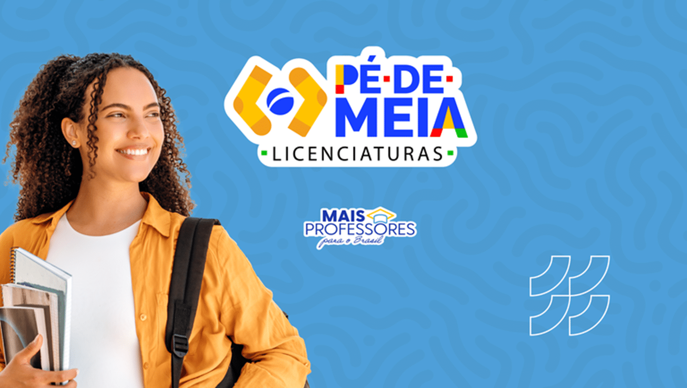 Imagem do Pé-de-Meia Licenciaturas, com estudante sorrindo e carregando livros, sobre fundo azul com o logotipo do programa.