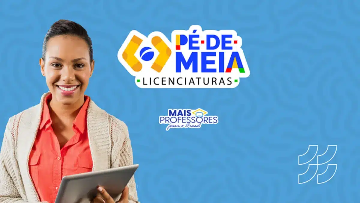Pé-de-Meia Licenciaturas: Oportunidades para Inscritos no CadÚnico Mulher sorrindo com tablet, logo do programa Pé-de-Meia Licenciaturas e Mais Professores para o Brasil.