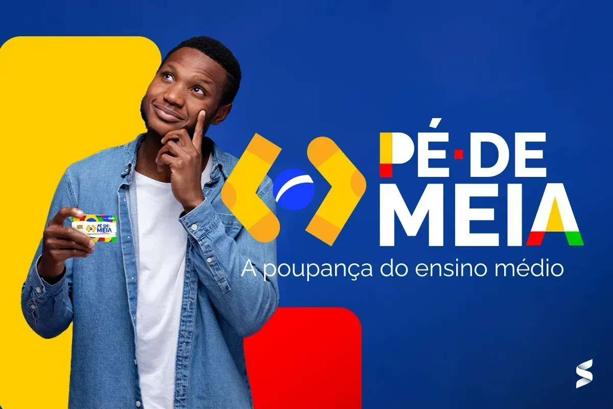 Programa Pé-de-Meia: Poupança para Estudantes do Ensino Médio Imagem de jovem segurando o cartão do programa Pé-de-Meia, uma iniciativa de poupança para estudantes do ensino médio.